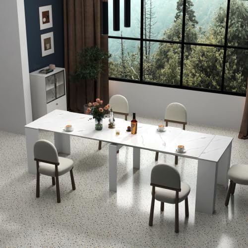 20.08”-118.11” Extendable Dining Room Table, 1-10 People Wood Long Foldable Tables with Storage Cabinet & Outlet, Space Saving Expanding Table with for Kitchen, Living Room, White Marble