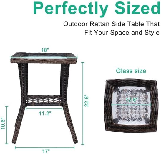 Outdoor Wicker Side Table, Rattan End with Glass Top, Patio Coffee Bistro for Indoor Garden Porch Balcony (Brown)