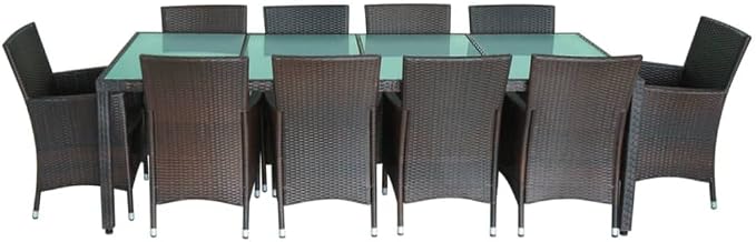 11 Piece Patio Dining Set with Cushions Poly Rattan Brown Outdoor Garden Furniture Table and 10 Chairs Weather Resistant for Al Fresco Dining Relaxing Glass Top Steel Frame Cream White