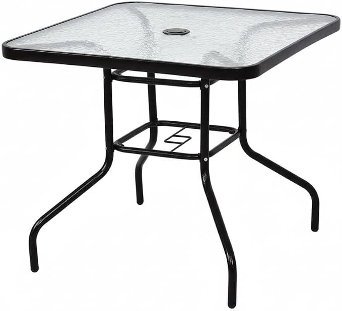 Tangkula 32-Inch Square Patio Dining Table with Tempered Glass Top, Metal Frame Outdoor Bistro Table with Umbrella Hole, Outside Table for Garden Poolside Balcony Yard