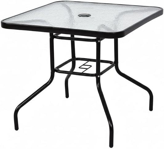 Tangkula 32-Inch Square Patio Dining Table with Tempered Glass Top, Metal Frame Outdoor Bistro Table with Umbrella Hole, Outside Table for Garden Poolside Balcony Yard