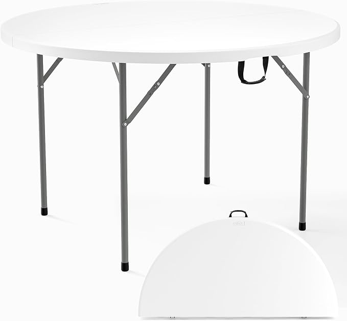 VINGLI White 48" Round Bi-Folding Commercial Table, 4 Feet Portable Plastic Dining Card Table for Kitchen or Outdoor Party Wedding Event, 1-Pack