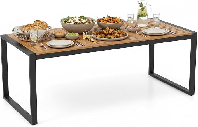 Tangkula 79 Inches Acacia Wood Outdoor Dining Table for 8, Large Rectangular Patio Table with 1.9" Umbrella Hole, Heavy Duty Metal Legs & Adjustable Foot Pads, Outside Table for Patio, Garden, Yard