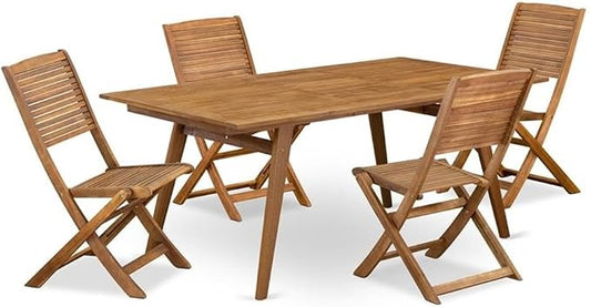 Pemberly Row Contemporary 5-Piece Outdoor Patio Dining Set, Natural Oil Finish, Rectangular Table with Folding Chairs, Lightweight Design, Space-Saving Outdoor Dining Furniture for Patio or Garden Use