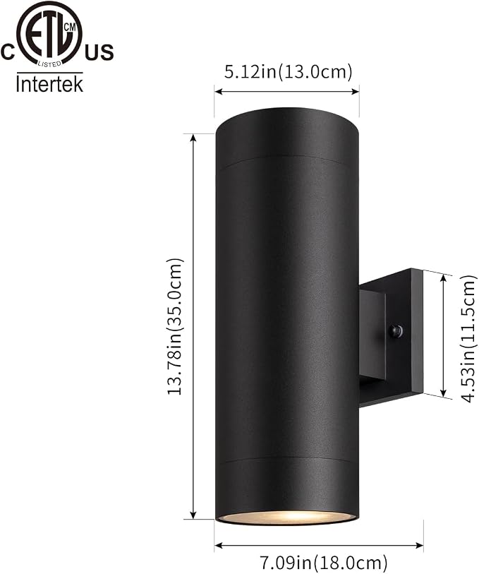 mirrea 14" Modern Outdoor Porch Light in 2 Lights, Matte Black, 2 Pack | Aluminum cylinder exterior fixtures, tempered glass cover, waterproof wall sconce & patio light for outdoor use.
