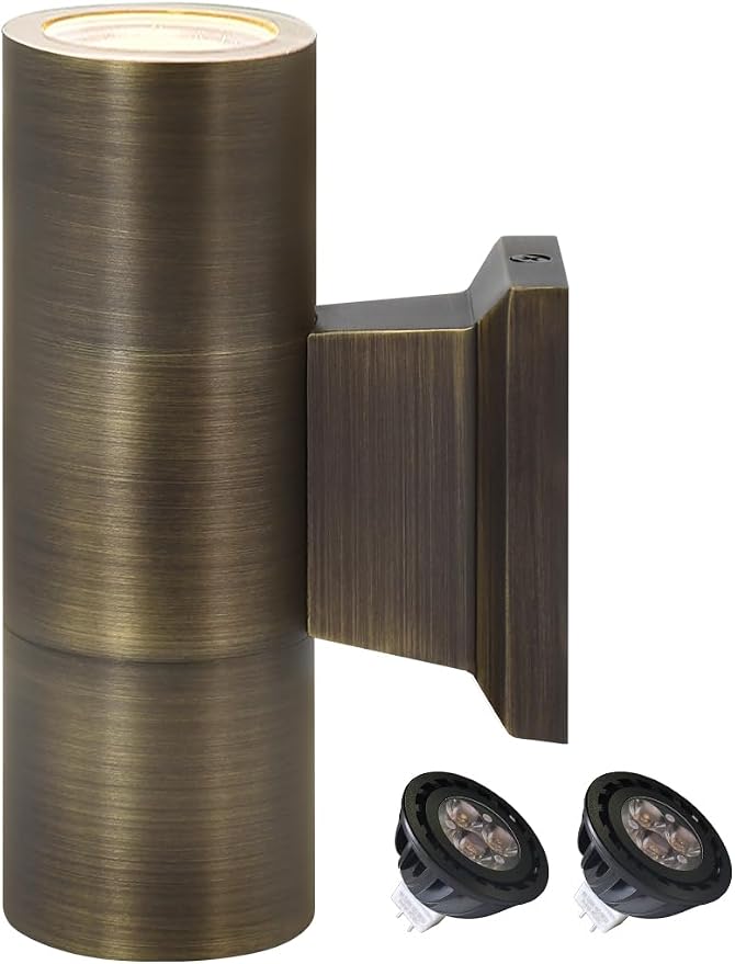 COLOER Brass Outdoor Cylinder Wall Lights(Bronze 6.875" H x 4.25" W) with 5W LED MR16, 12V Low Voltage Porch Light in 2 Lights, 2700K Up Down Lights, Outside Light for House Porch Patio Door