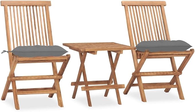 3 Piece Folding Patio Dining Set with Cushion Solid Teak Wood Outdoor Table and 2 Chairs for Garden Backyard Balcony Space Saving Easy Storage Water Resistant Gray