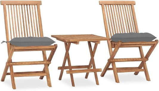 3 Piece Folding Patio Dining Set with Cushion Solid Teak Wood Outdoor Table and 2 Chairs for Garden Backyard Balcony Space Saving Easy Storage Water Resistant Gray