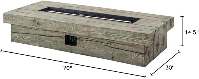 Pemberly Row 70" Rectangular Wood Outdoor Patio Fire Pit Table, Light Gray Simulated Driftwood Finish, Magnesium Oxide Coating, 50,000 BTU Propane Burner, Rustic Modern Style for Backyard or Deck Use