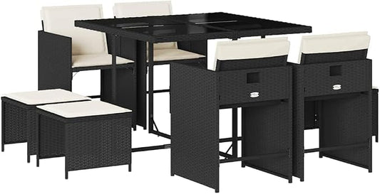 9-Piece Patio Dining Set with Tempered Glass Table, Modern Poly Rattan Outdoor Furniture for Backyard and Garden, Space Saving Design Seats 8, Black and Cream White