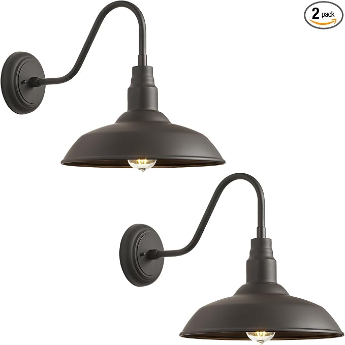 2 Pack Outdoor Barn Farmhouse Light with 14in Dome, Exterior Gooseneck Lights Fixture for House, Dark Bronze Outside Wall Mount for Porch, Patio, Entryways