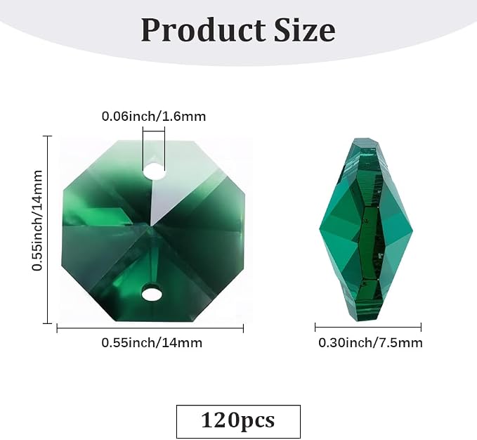 1 Box 120Pcs 14mm Glass Octagon Beads 2 Hole Crystal Prism Beads Sun Catcher Dark Cyan Chandelier Replacement Connector Faceted Spacers for Suncatchers DIY Lamp Hanging Pendants Jewellery