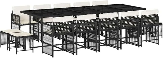 15 Piece Black PE Rattan Garden Dining Set with Tempered Glass Table, 14 Seat Outdoor Dining Set for Patio, Foldable Chairs with Washable Cushions