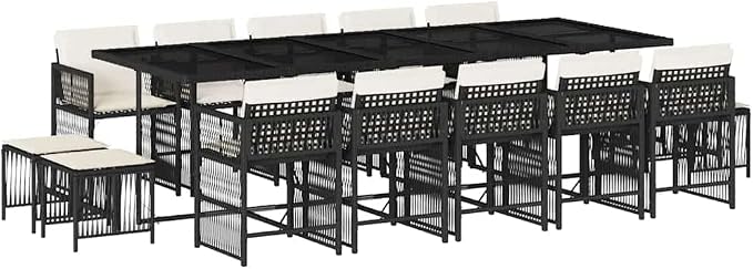 Garden Dining Set Black PE Rattan Large Expandable Outdoor Patio Furniture 15 Piece with Cushioned Chairs and Tempered Glass Table for Family Parties Backyard Entertaining
