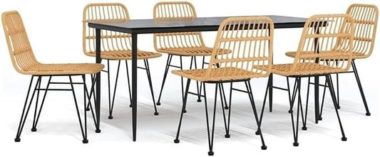 Afuera Living 7 Piece Rectangular Garden Dining Set, Powder-Coated Steel and UV Resistant Poly Rattan, Black Finish, 63 x 31.5 x 29.1 in, Tempered Glass Tabletop, Indoor/Outdoor Use for Patio or