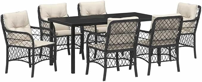 Afuera Living 7 Piece Poly Rattan Patio Dining Set, Powder-Coated Steel Frame, Black Finish, Cushioned Seating, Tempered Glass Tabletop, Weather-Resistant Outdoor Furniture for Garden or Patio Dining