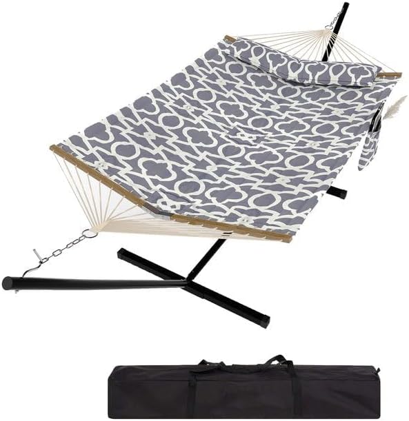 Double Hammocks with Stand for Outside, Heavy Duty Portable Outdoor Hammock with Carrying Bag & Soft Pillow & Paded, 450 LBS Weight Capacity, Perfect for Outdoor Indoor Patio Backyard Garden