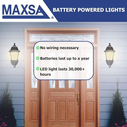 MAXSA 44219-RS Battery-Run Motion-Activated Outdoor Metal Sconce Black | Metal and Glass Battery-Powered No Wiring, 13x8.5x6" Motion Operated, Screw into Wall, Black Cool White LEDs Amazon Exclusive