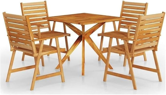Afuera Living 5-Piece Solid Acacia Wood Garden Dining Set, Brown Oiled Finish, Weather-Resistant Patio Furniture for Outdoor Seating, Rustic Style Table and Chairs, Fits Up to 5 People
