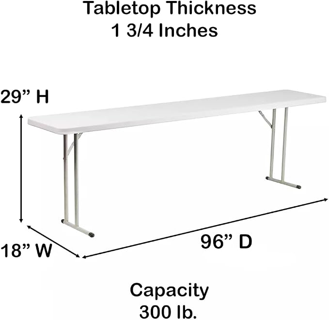 18" W x 96" D x 29" H Plastic Folding Utility Heavy Duty Table | Indoor Outdoor Dining Kitchen Wedding Market Events Camping BBQ