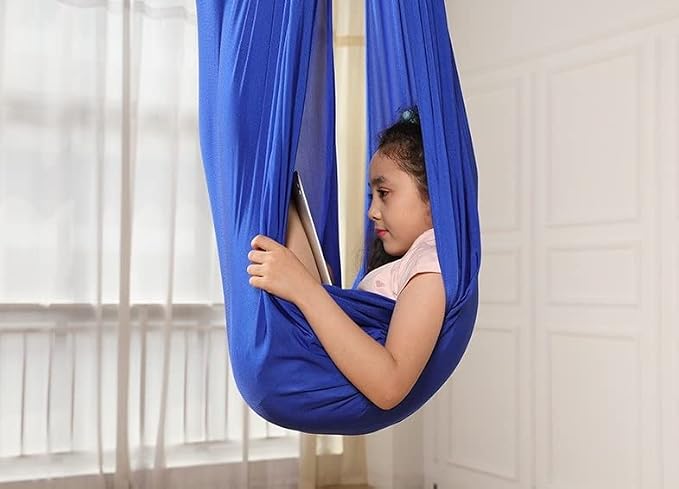 Sensory Swing, Therapy Compression Cuddle Adjustable Hammock for Sensory Processing, Indoor & Outdoor Snuggle Use - Ideal for Special Needs Sensory Integration (Hardware Kit Included) Blue
