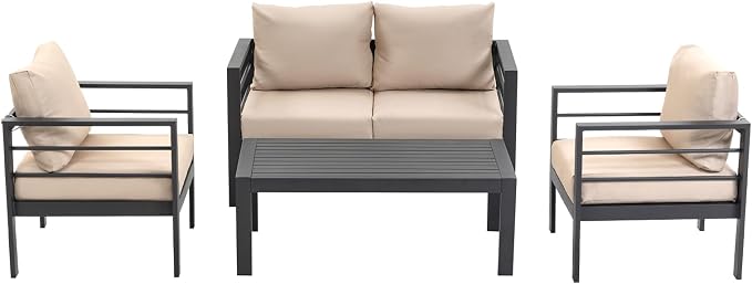 4-Piece Patio Furniture Set – All-Metal Outdoor Sectional Couch with Horizontal Slat Armrests, 4" Cushions & Coffee Table, Modern Patio Conversation Set for Porch, Balcony, or Deck (Beige)