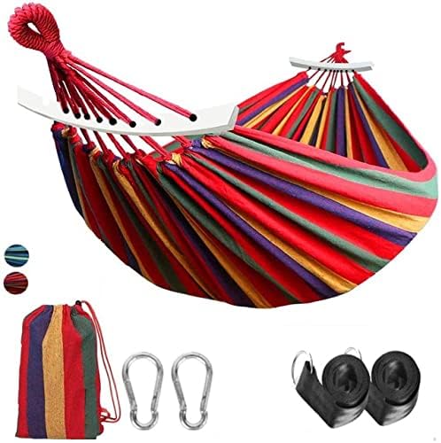 Outdoor Hammock Portable Garden Hammock Sports Home Travel Camping Swing Canvas Stripe Hang Bed Hammock Double Single People (260x80 red Set)
