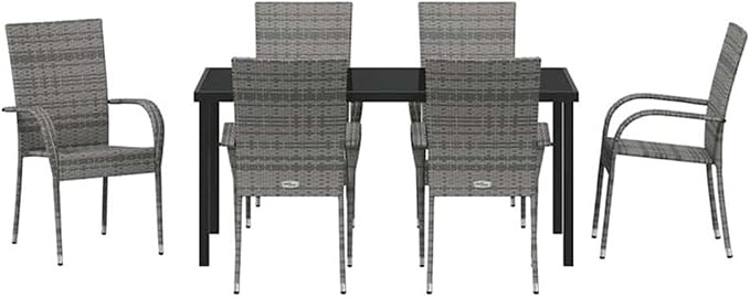 Afuera Living 7 Piece Poly Rattan Patio Dining Set, Black Powder-Coated Steel Frame, Weather-Resistant, Rectangular Table with Flat Armrest Chairs, Modern Outdoor Furniture for Garden, Balcony, or