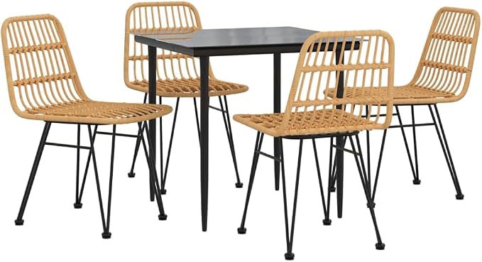 5 Piece Patio Dining Set Poly Rattan Outdoor Furniture Table and 4 Chairs with Tempered Glass Top and Steel Frame Weather Resistant for Backyard Poolside Garden Deck Balcony