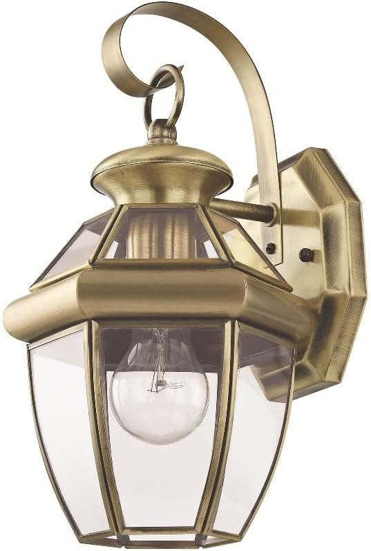 Livex Lighting 2051-01 Monterey 1 Light Outdoor Antique Brass Finish Solid Brass Wall Lantern with Clear Beveled Glass | Clear Beveled Glass; Solid brass construction