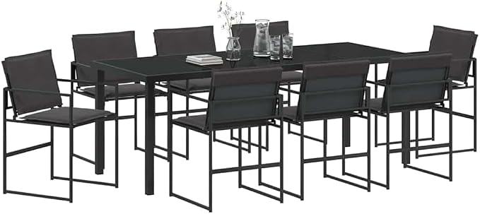 9 Piece Outdoor Dining Set for 8, Modern Patio Furniture with Tempered Glass Table and Textilene Chairs, Black