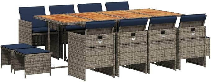 13-Piece Garden Dining Set with Cushions, Grey Poly Rattan Outdoor Patio Furniture, 12-Seater Table and Chair Foldable Space-Saving Cube Design
