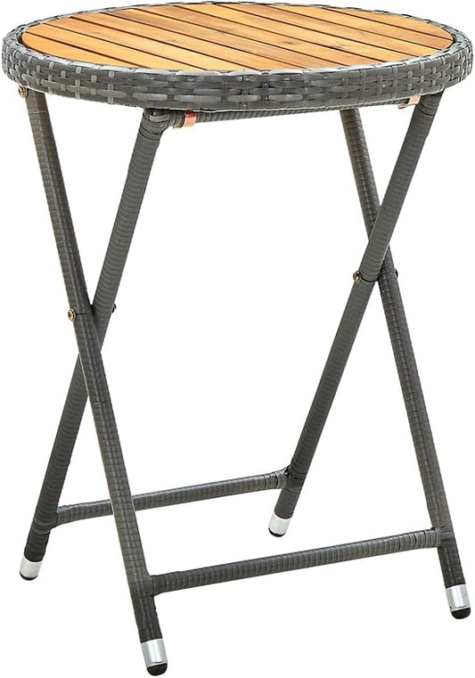 Gray 23.6" Poly Rattan and Solid Acacia Wood Folding Tea Table for Garden Patio, 4-Piece Outdoor Furniture Set with Powder-Coated Steel Frame and UV Protection