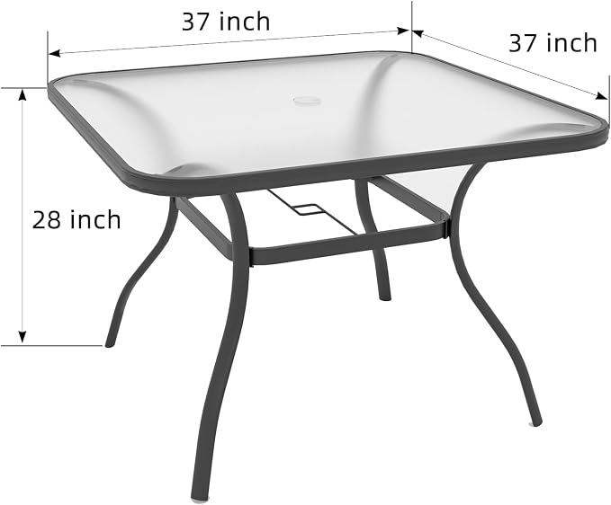 37" Square Outdoor Patio Glass Dining Table for 4 Person with Black Frame | Glass Table Top, 1.7 inch Umbrella Hole, 4 Person Use, Metal Black Frame, All Weather, Rust Free