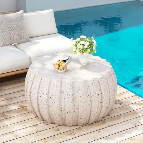 35.43" Indoor Round Coffee Table, Waterproof Coffee Table Modern MgO Cement Design End Tables for Living Room, Outdoor Patio Coffee Tables for Garden, Backyard, Balcony, White