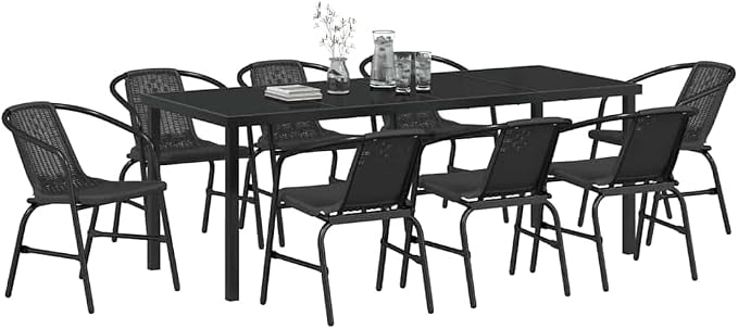 9-Piece Outdoor Dining Set, Black Powder-Coated Steel Patio Furniture, Rectangular Table and 8 Comfortable Garden Chairs for Backyard Hosting