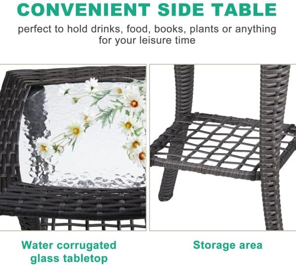 Outdoor Wicker Side Table, Rattan End with Glass Top, Patio Coffee Bistro for Indoor Garden Porch Balcony (Grey)