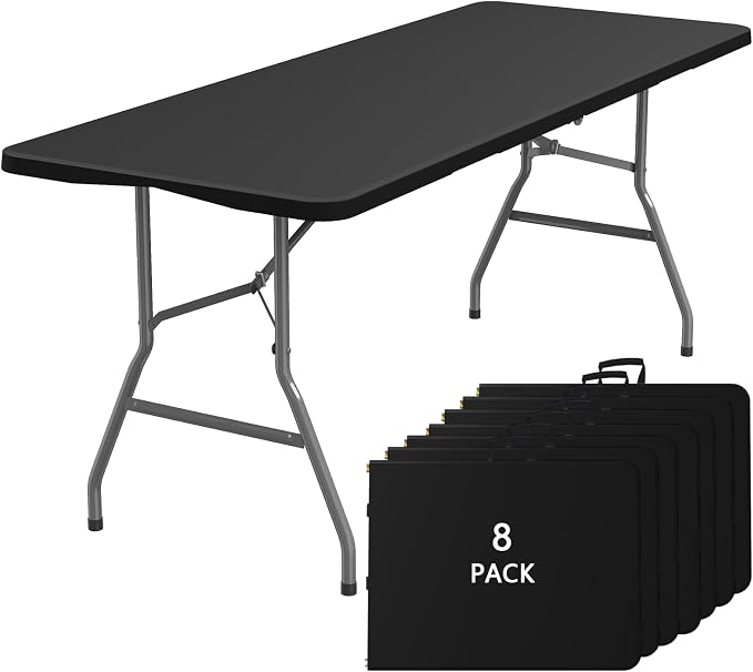 8PK Black Folding Table, 6FT Portable Plastic Folding Table, Foldable Dining Tables with Carrying Handle for Party, Picnic, Camping, Easy to Fold and Storage, for Indoor or Outdoor Use