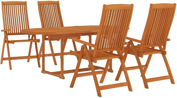 5-Piece Eucalyptus Wood Outdoor Dining Set with Extendable Table | Features 4 reclinable folding chairs and a space-saving rectangular table, ideal for backyard and patio family meals.