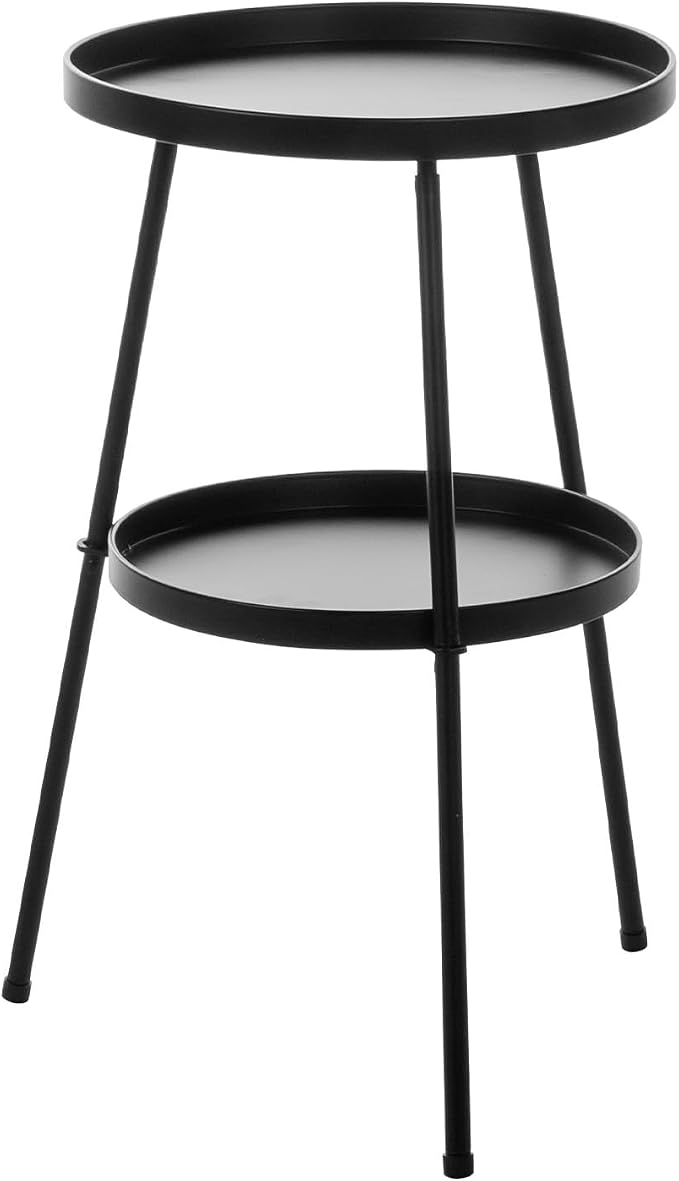 Outdoor Side Table 2 Tier End Table Metal Round Coffee Tables Nightstand for Small Spaces Indoor Outdoor and Living Room Bedroom or Office (Black)