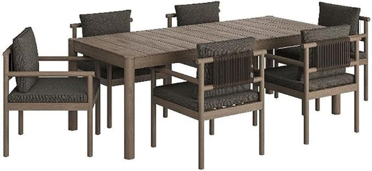 MAKLAINE 7-Piece Outdoor Patio Dining Set, Solid Teak Wood, 89 Inch Rectangular Table, Weathered Gray Flint Finish, Woven Rope Chair Backrest, Removable Cushions, Non-Marking Foot Caps, Deck or Patio
