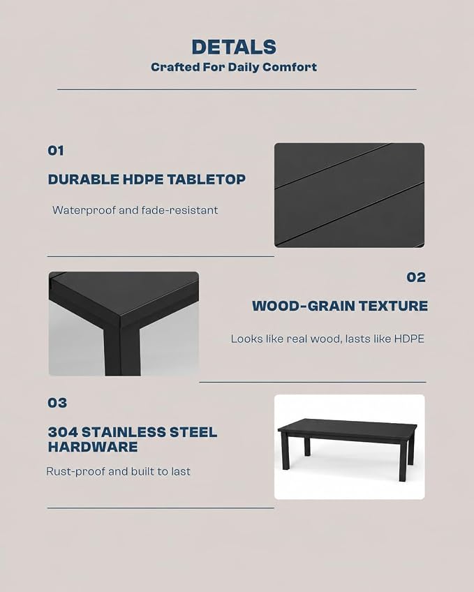 43.9" HDPE Outdoor Coffee Table, (Black) | All-Weather HDPE, Easy Assembly, Low-Maintenance, Large Tabletop, For Patio Deck Poolside Backyard Use