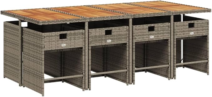 9 Piece Outdoor Dining Set with Cushions Grey Poly Rattan for Patio Garden Backyard, Space-Saving Folding Chairs, Acacia Wood Table, Weather-Resistant