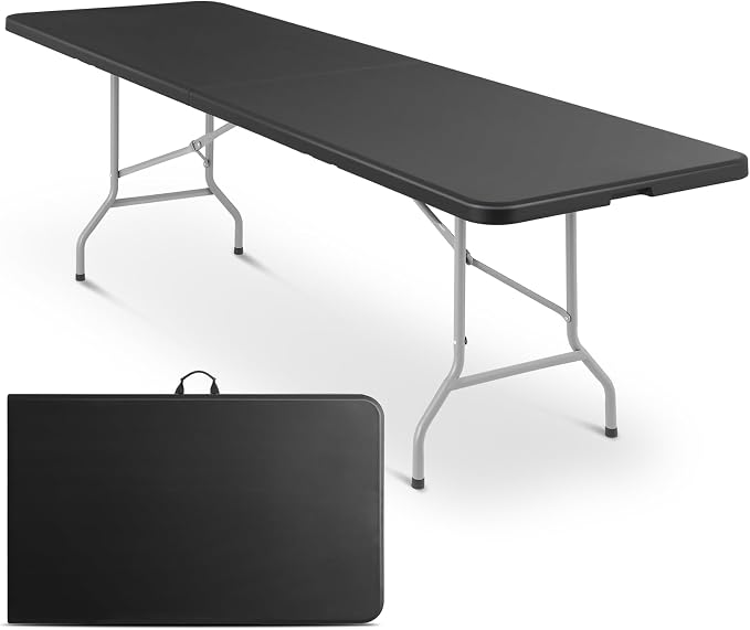 Magshion 8ft Plastic Folding Table with Handle for Indoor Outdoor, 8 Foot Utility Commercial Craft Foldable Table for Party Events, Black