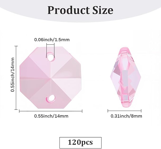 1 Box 120Pcs Glass Octagon Beads Bulk Prism Crystal Bead 14mm 2 Hole Pink Crystal Chandelier Replacement Links Sun Catcher Faceted Beads for DIY Lamp Hanging Pendant Jewelry Suncatcher Craft