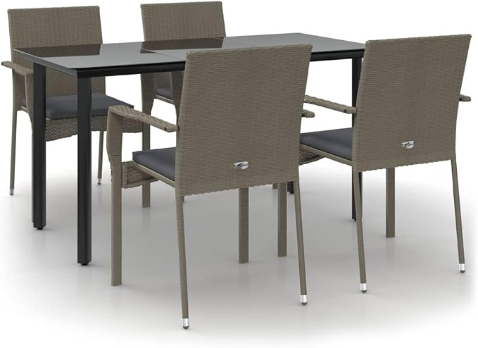 5 Piece Patio Dining Set, Outdoor Garden Table and 4 Chairs with Cushions, Weather Resistant Poly Rattan Furniture for Backyard, Porch, Deck, Black and Gray