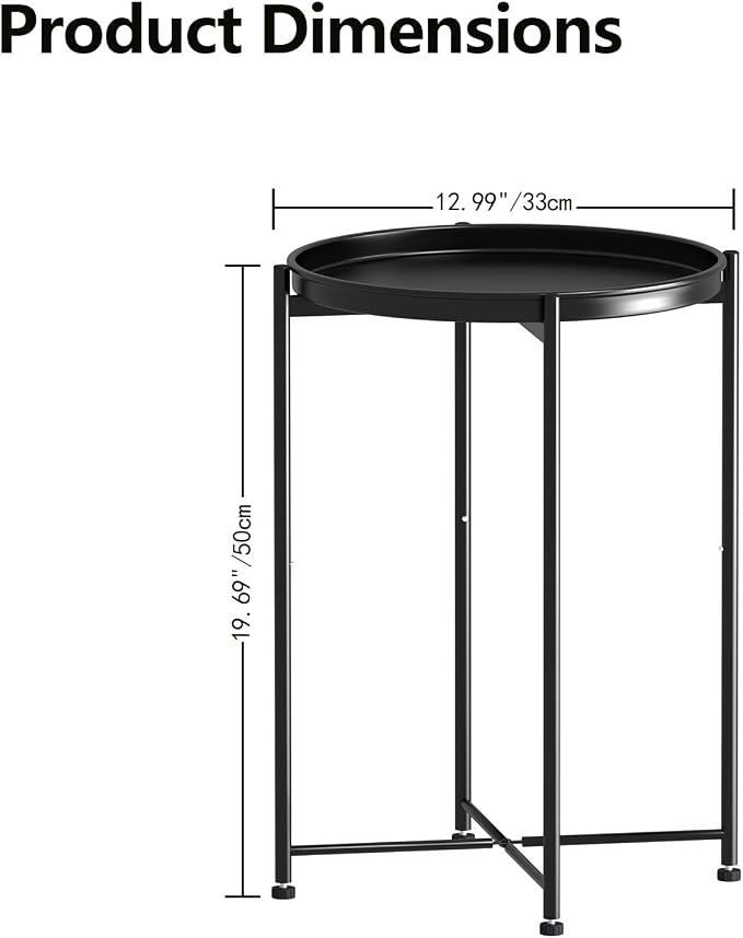 Garden 4 you Small Side Table, Mini Round End Table, Tray Table with Metal Frame, Modern Nightstand for Living Room, Bedroom, Patio, Small Space, Black