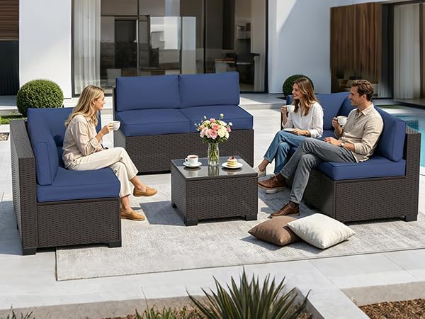7 Pieces Outdoor Patio Furniture Set, Wicker Modular Sectional Sofa, All Weather Conversation Sets with Glass Table for Yard, Garden, Poolside, Dark Brown Rattan & Navy Blue Cushions