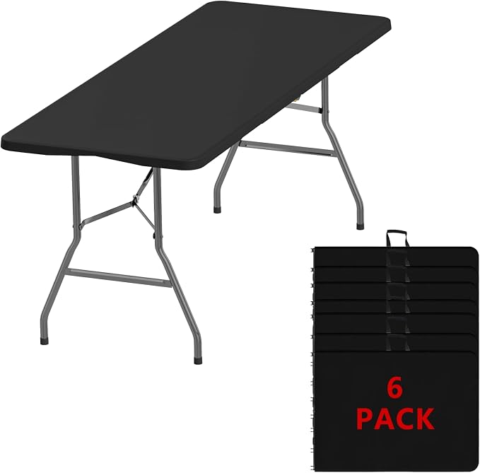 6FT Folding Tables – Heavy Duty Portable Foldable Picnic Table with Built-in Handle, 450 lb Capacity – Ideal for Events, Parties, Crafts, Camping & Dining (6-Pack, Black)
