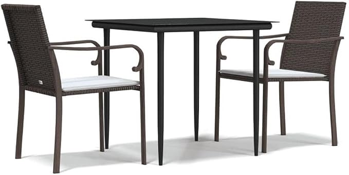 Afuera Living 3-Piece Contemporary Garden Dining Set, 31.5 in Square Table, PE Rattan/Steel/Tempered Glass, Brown/Black/Cream White Finish, Cushioned Chairs, Compact Design for Patio, Balcony,